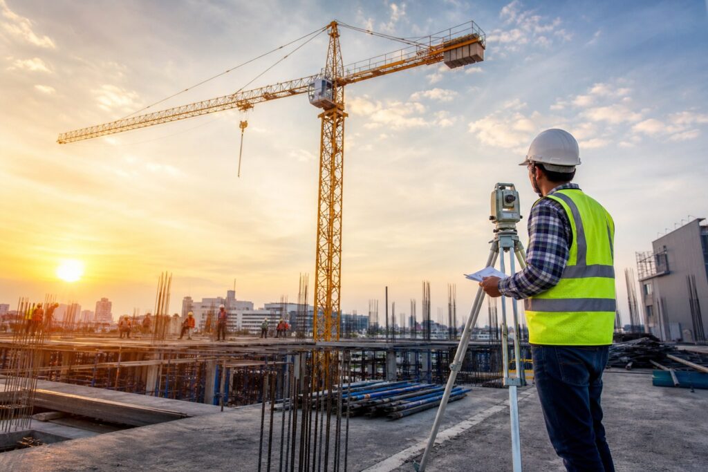 Inginer constructor pe șantier, verificând lucrările de construcție cu echipamente topografice, în timpul execuției proiectului