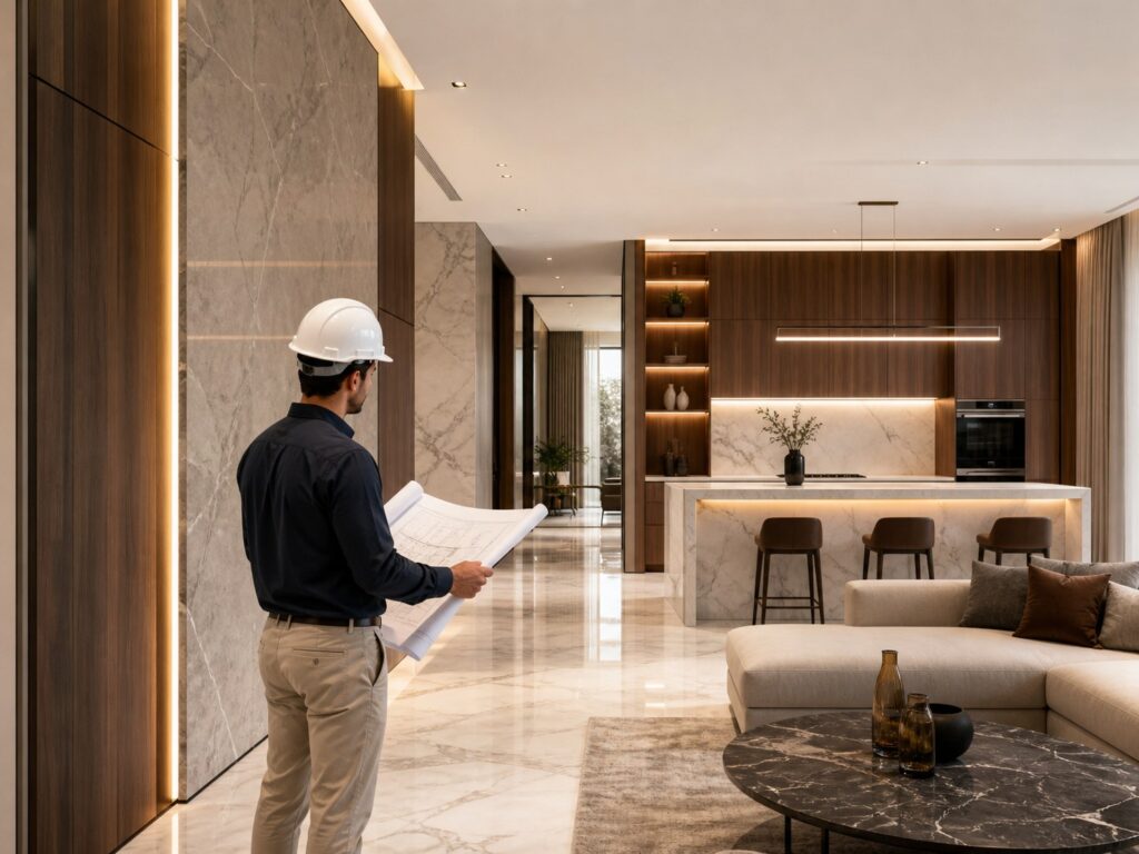 Specialist analizând un proiect de finisaje premium într-un interior modern de lux, cu marmură, lemn și iluminare ambientală