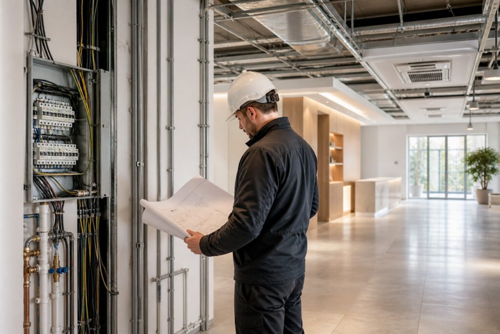 Specialist în instalații verificând planul tehnic lângă tabloul electric și traseele de instalații într-un spațiu modern