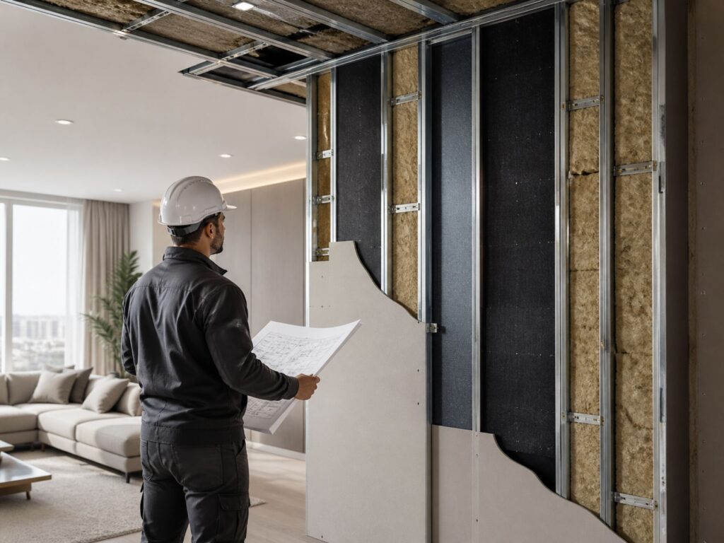 Specialist verificând un sistem de izolație fonică într-un perete interior, cu vată minerală și structură metalică într-un spațiu modern